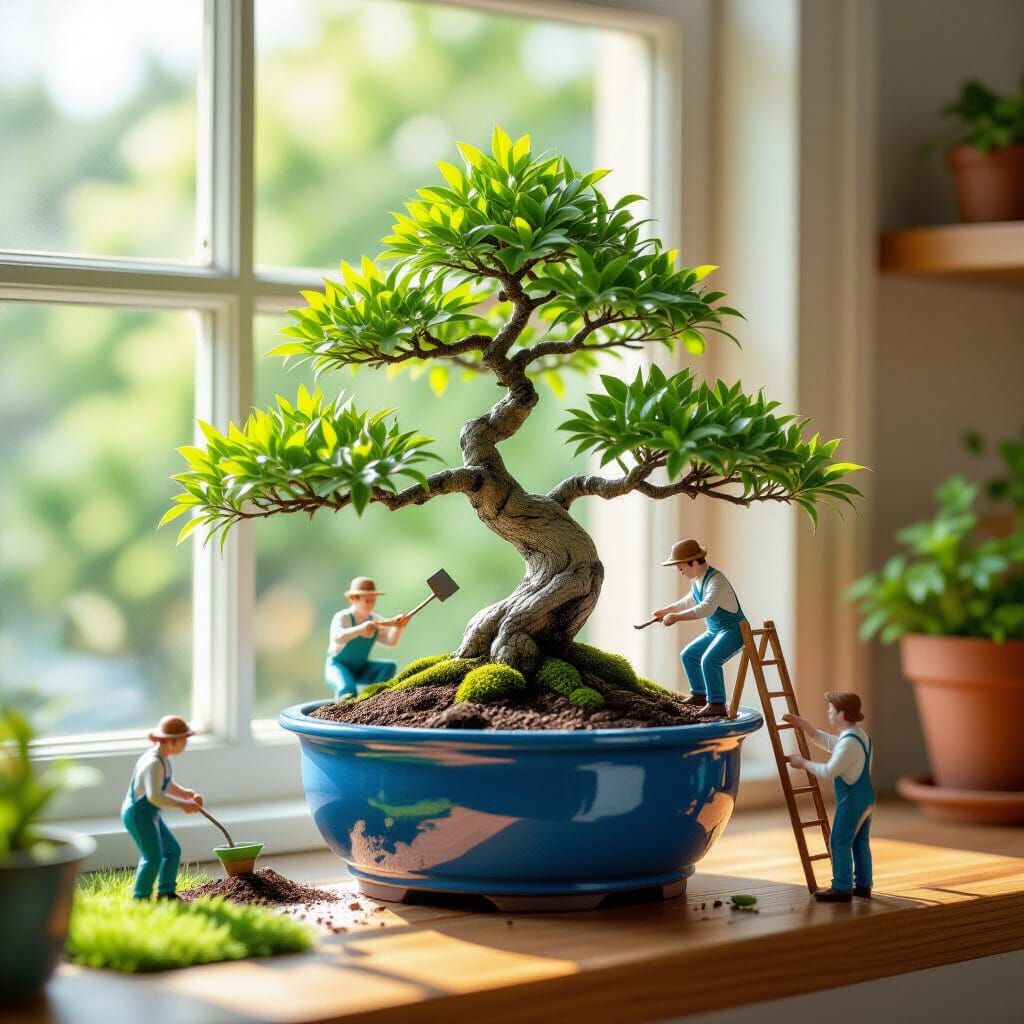 Miniature Figures Tend to Bonsai Tree on Sunlit Windowsill