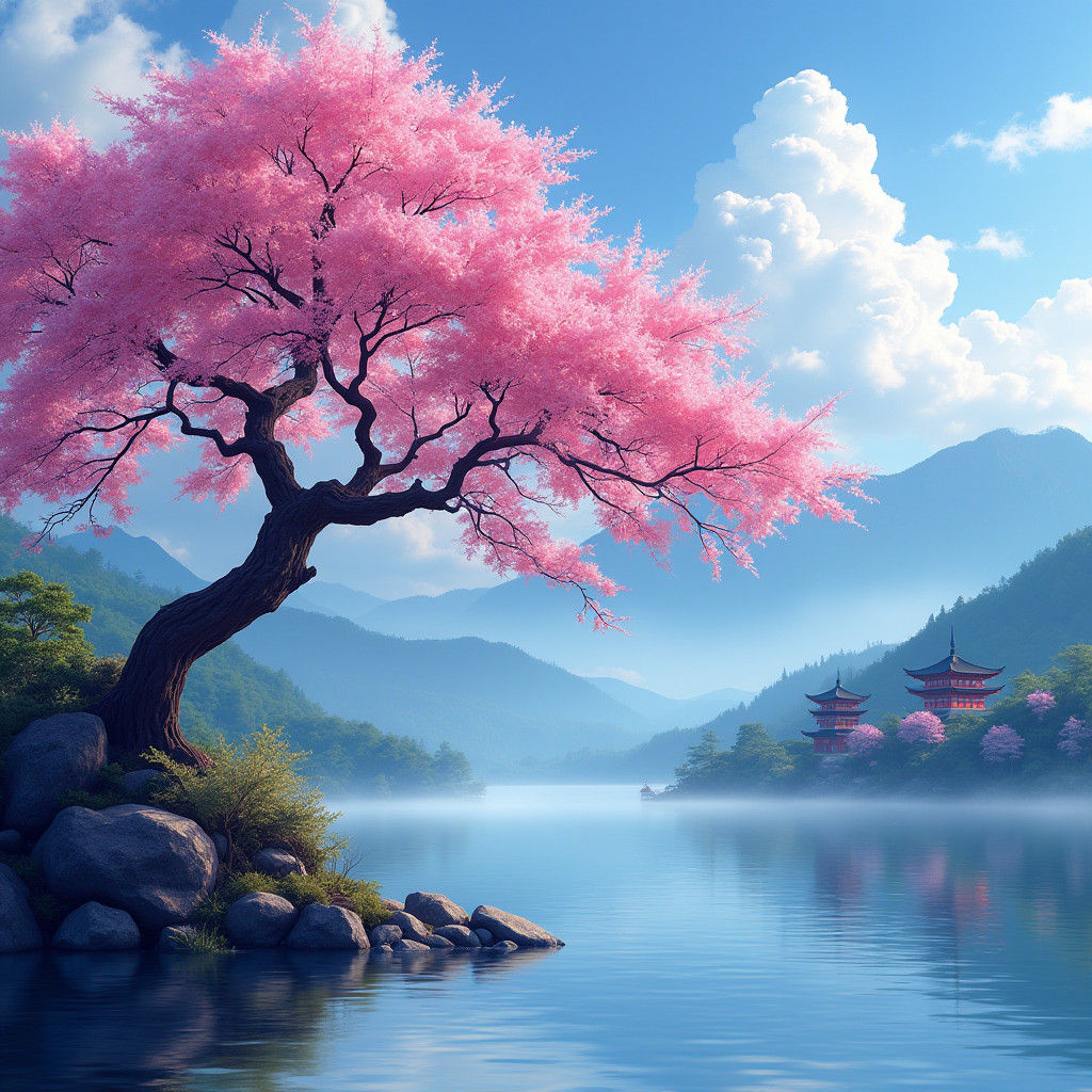 Sakura Tree in Bloom: Japanese Anime Scenery