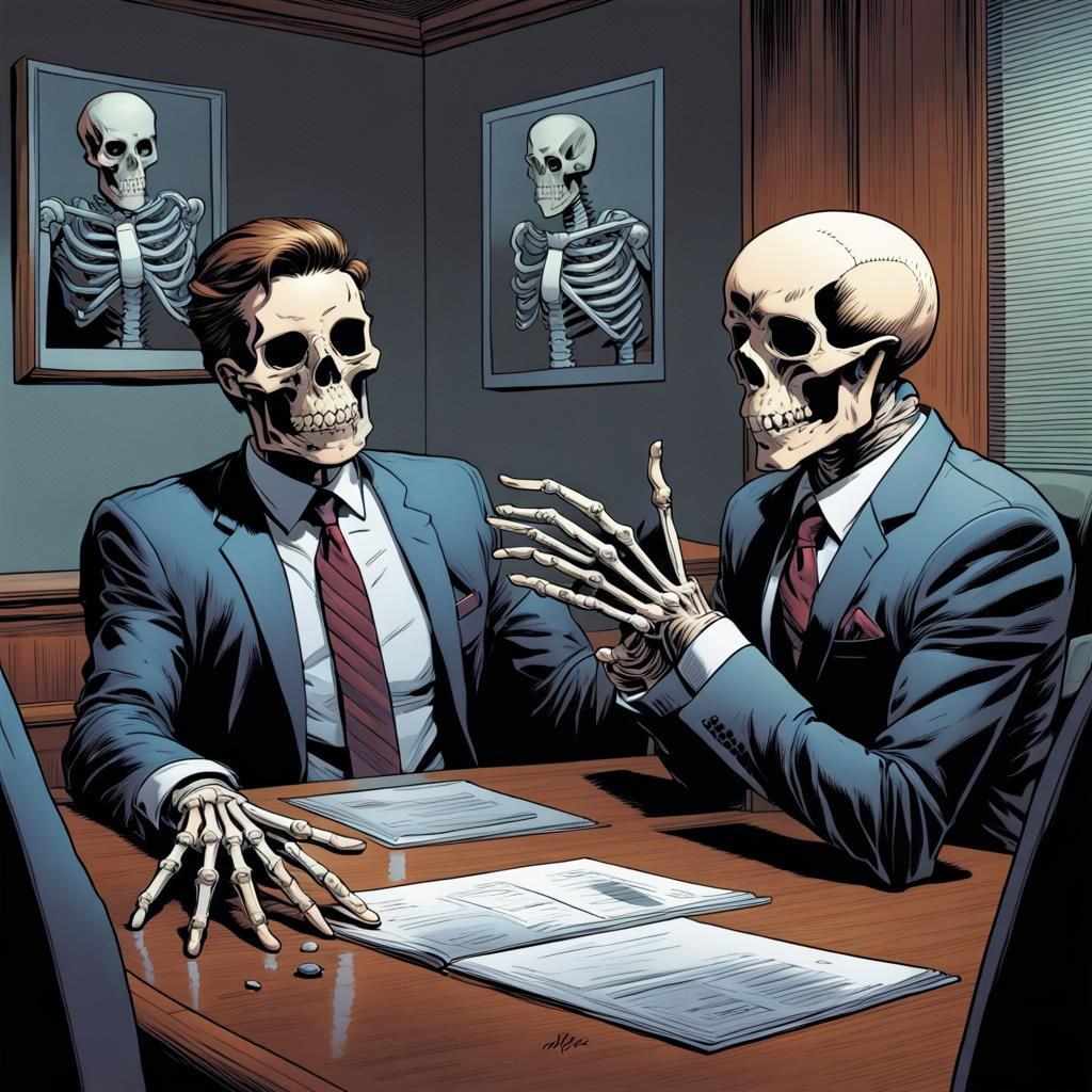 Skeleton in Suit at Boardroom Meeting