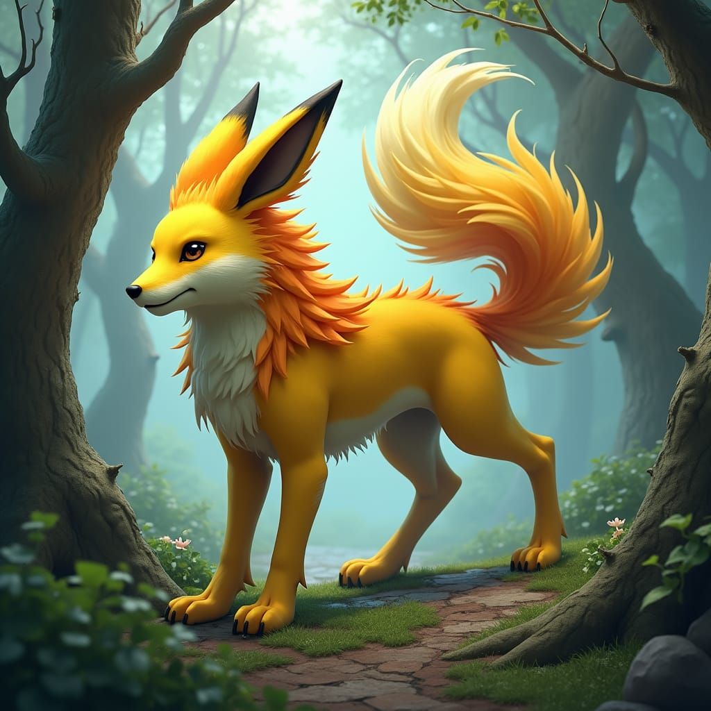 Majestic Pikachu Wolf Hybrid in Dreamlike Forest