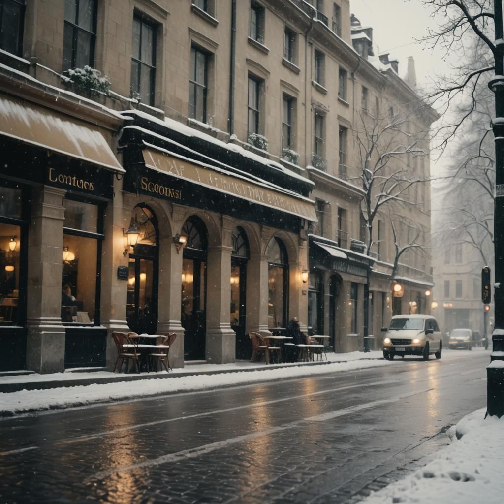 Snowy European City Street in Impressionist Style