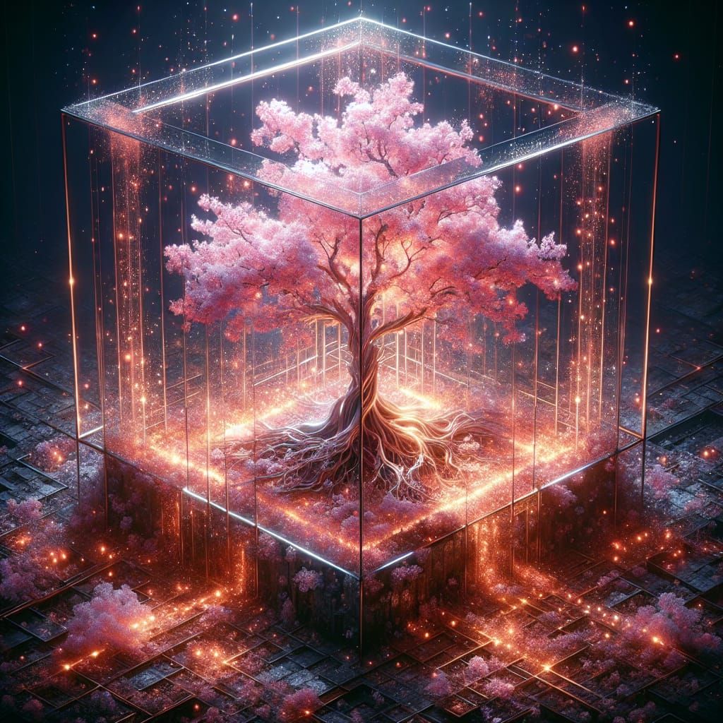 Luminous Sakura Tree in Cube Terrarium