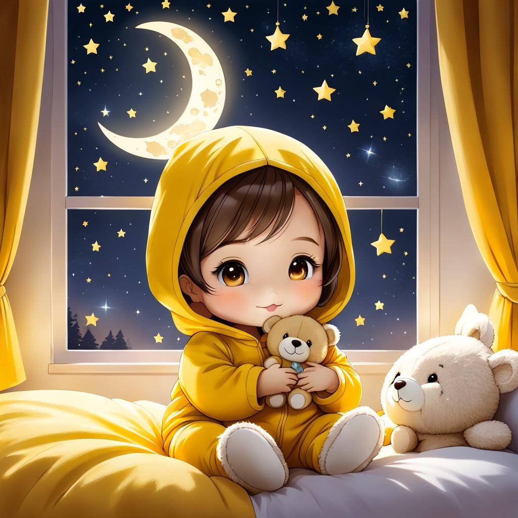 Adorable Chibi Baby Girl Hugging Teddy at Night