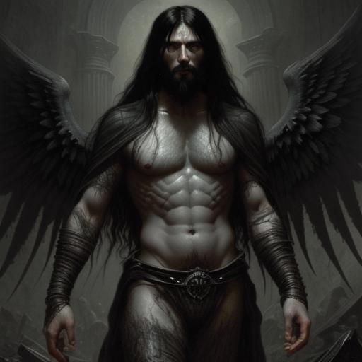 Dark Angel with Beard in Horror Engraving Style