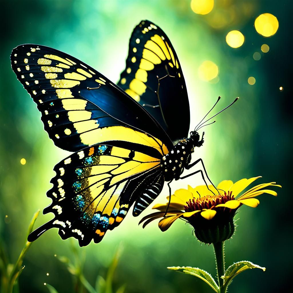 Elegant Black and Gold Butterfly with Golden Sparkles