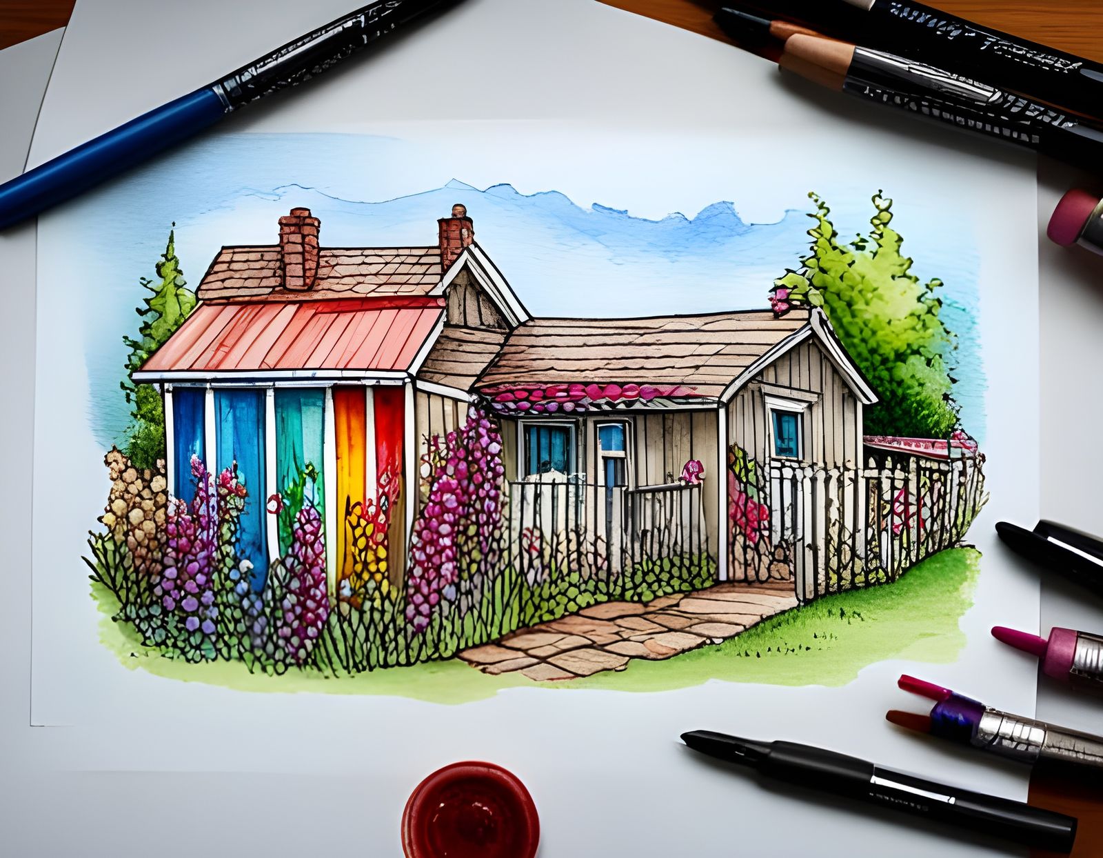 Old-Fashioned Flower Garden with Blue Bungalow