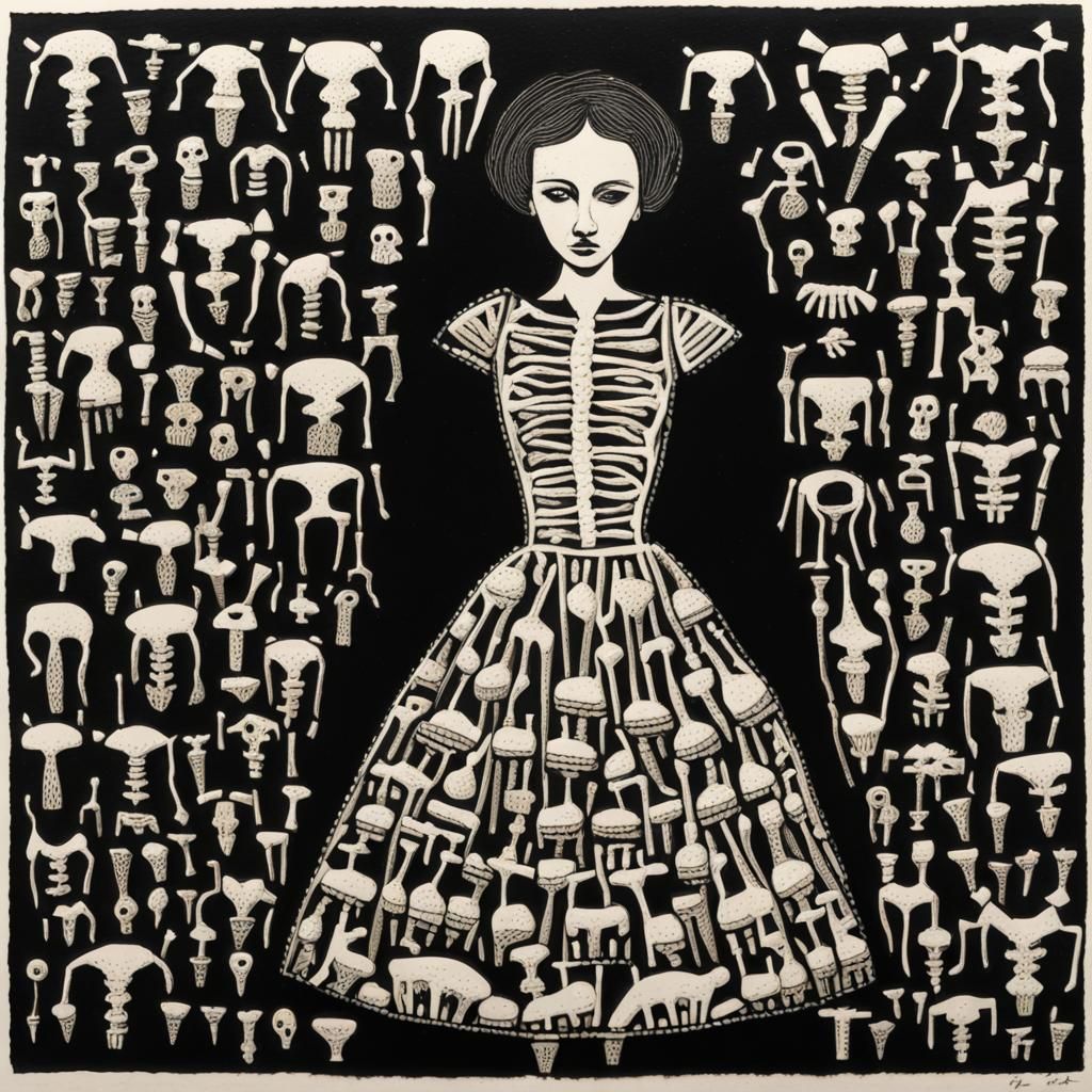 Dress of Animal Bones: Linocut Print