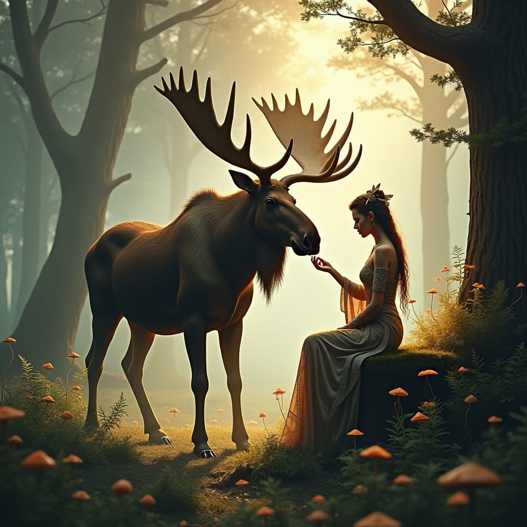 Enchanted Forest: Moose and Elf in Golden Light