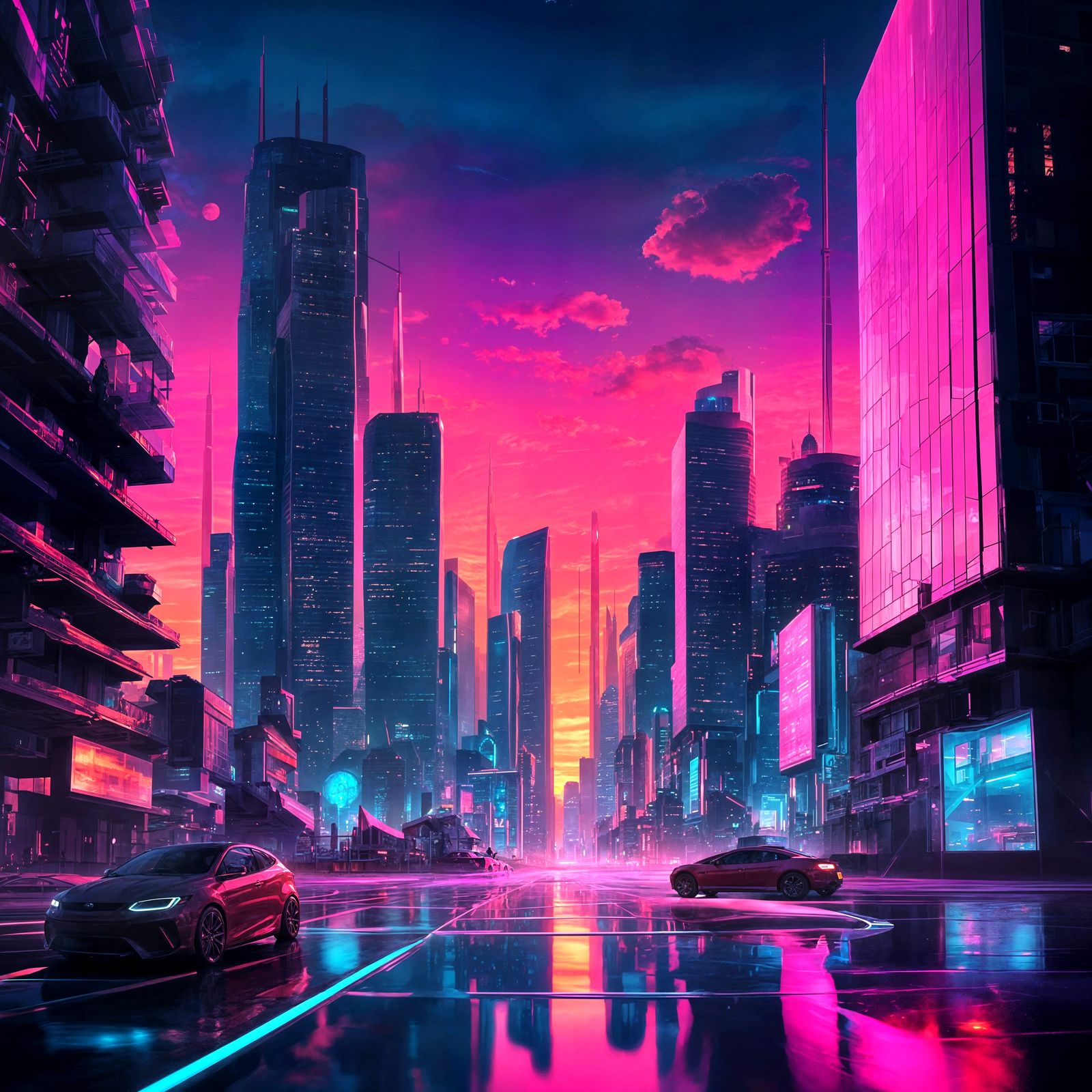 Girl in Neon Cityscape, Digital Art