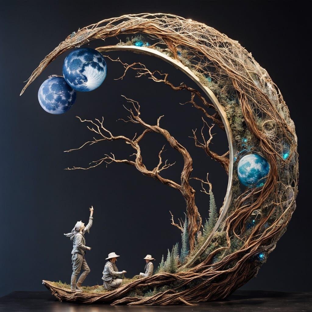 Metal Wire Sculpture of Moon Forest Under Constellation