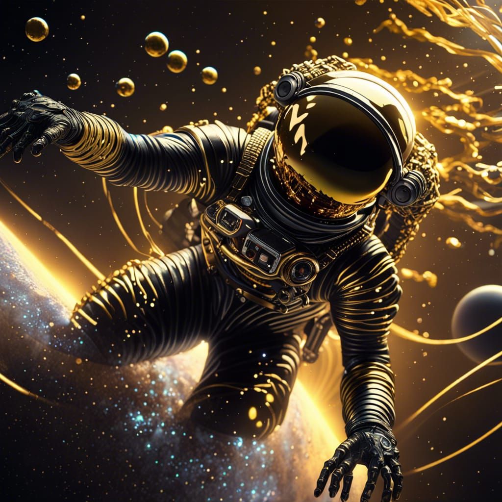 Hyperrealistic black and gold entangled alien astronaut surfing through the stars dynamic lighting Unreal Engine cool co...