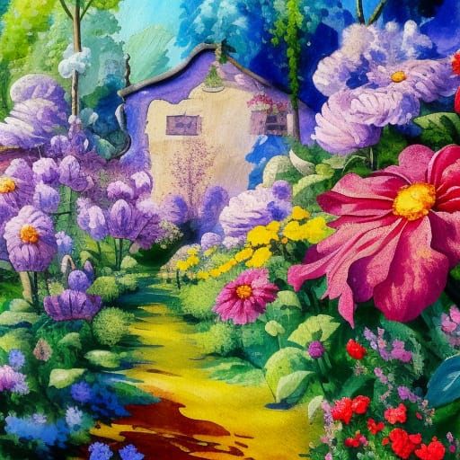 Secret Flower Garden in Gouache Watercolor Style