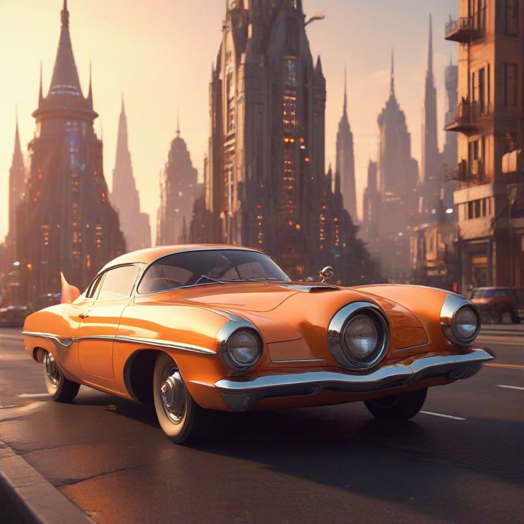 Retro Futuristic Flying Car in Utopian Cityscape