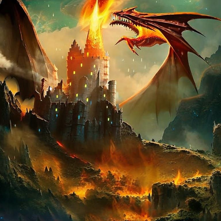 Fiery Dragon Soaring Above Ruined Castle