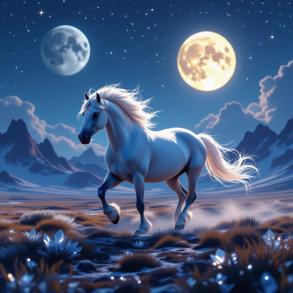 Starlit Horse Galloping Under Two Moons in Fantasy Style