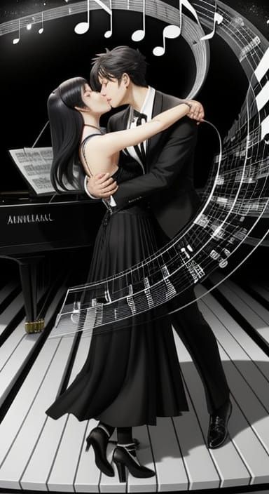 Ethereal Piano Kiss in Vibrant Anime Style