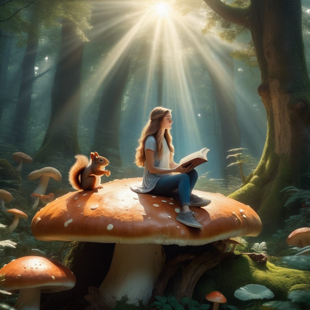 Magical Forest Scene with Woman Reading to Squirrels