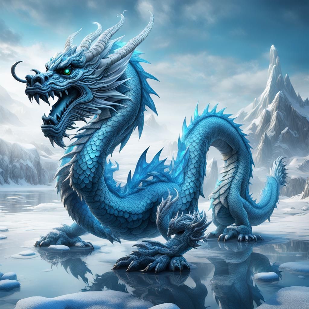 Icy Chinese Dragon Emerging from Frozen Lake