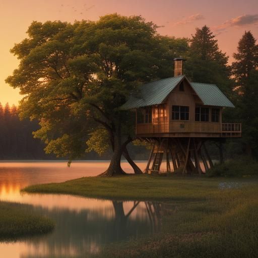 Idyllic Sunset Scene with Treehouse and Lake