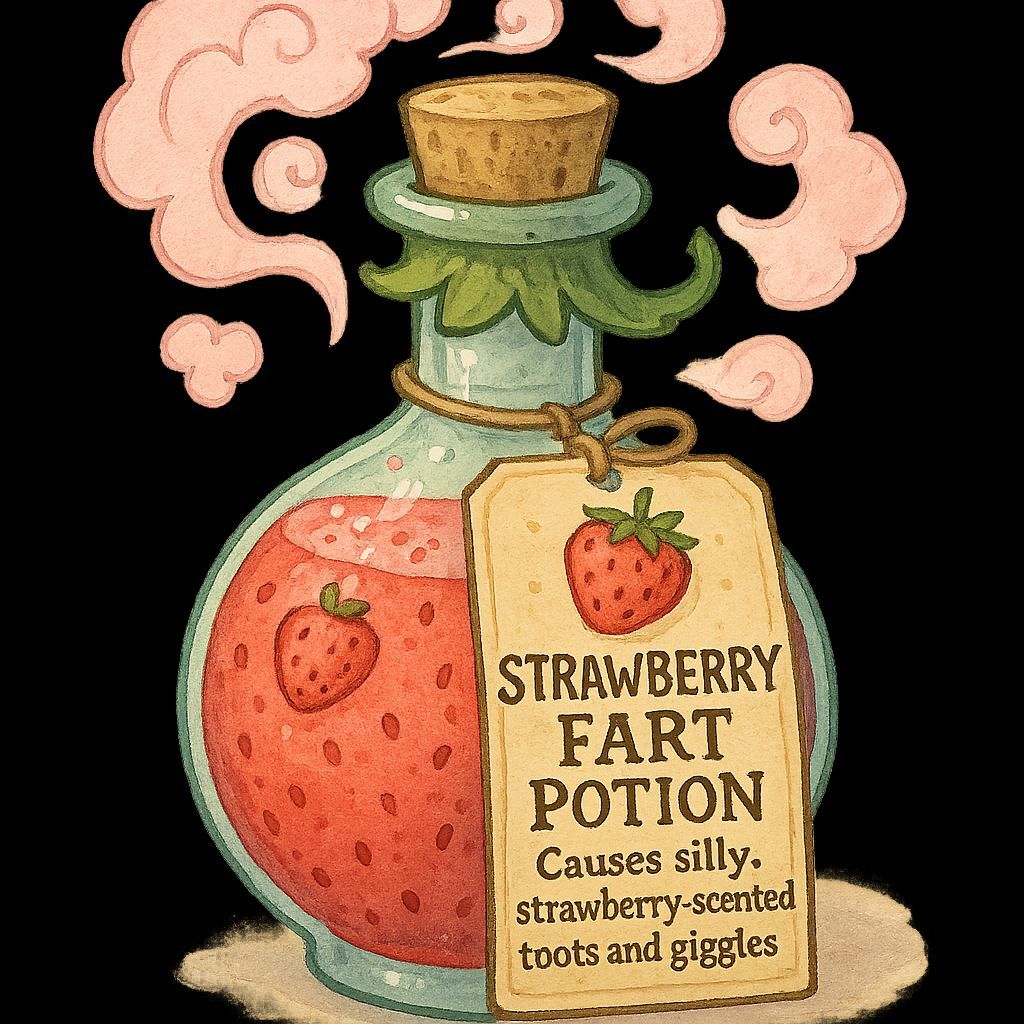 Whimsical Strawberry Fart Potion in a Quaint Apothecary Styl...
