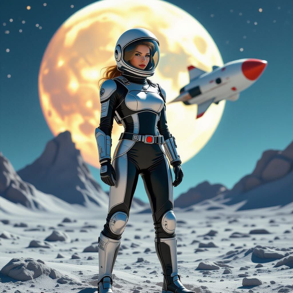Retrofuturistic Cosmonaut on the Moon in Digital Art