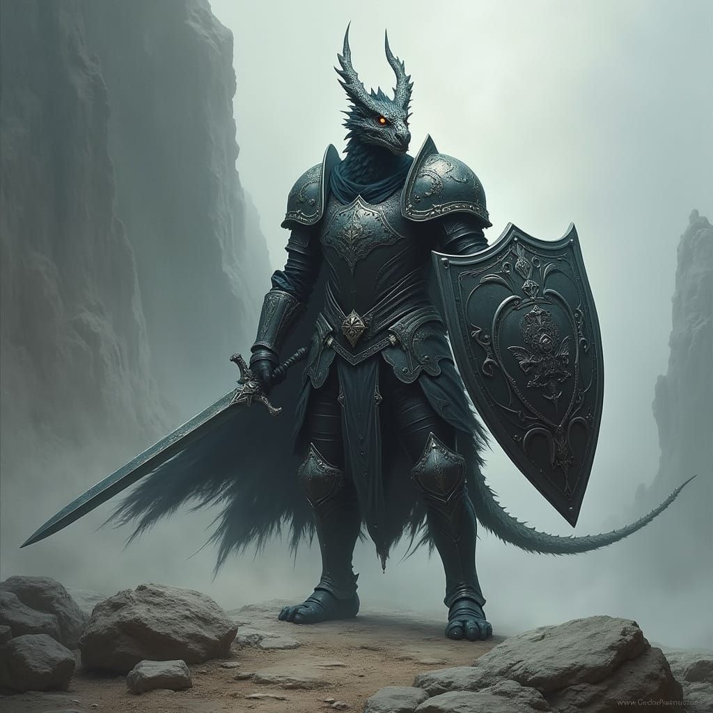 Dark Fantasy Dragonborn Paladin with Sword and Shield