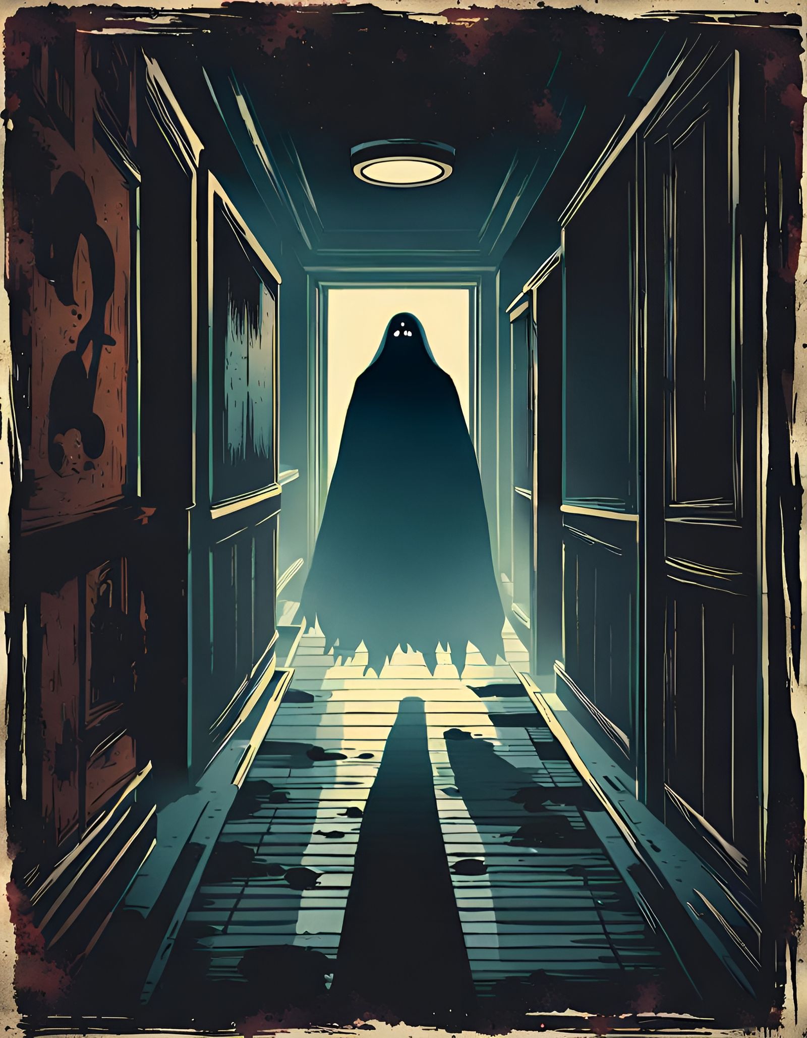 Eerie Ghost in Dark Hallway Horror Movie Poster