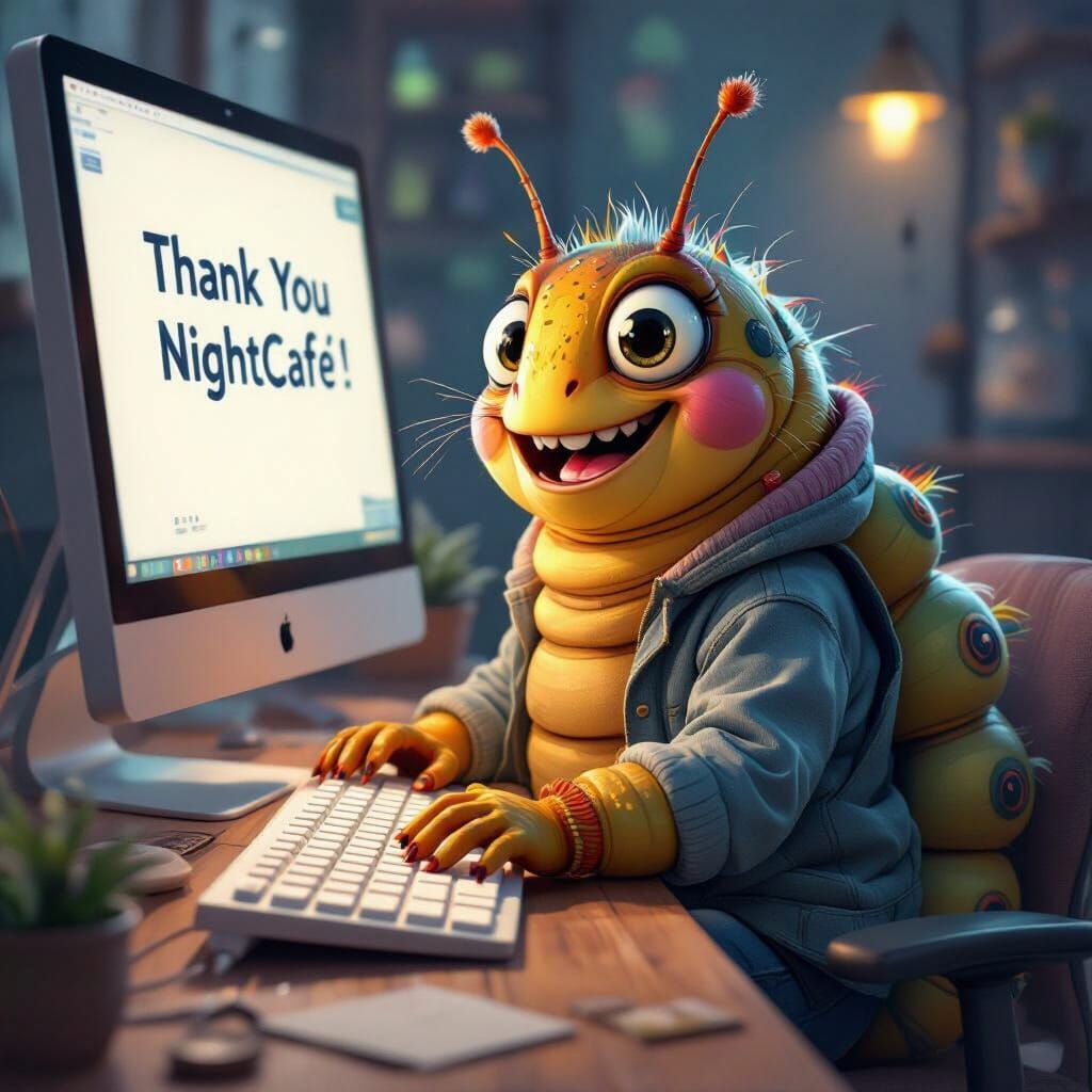 Anthropomorphic Caterpillar Thanking NightCafe in Airbrush S...