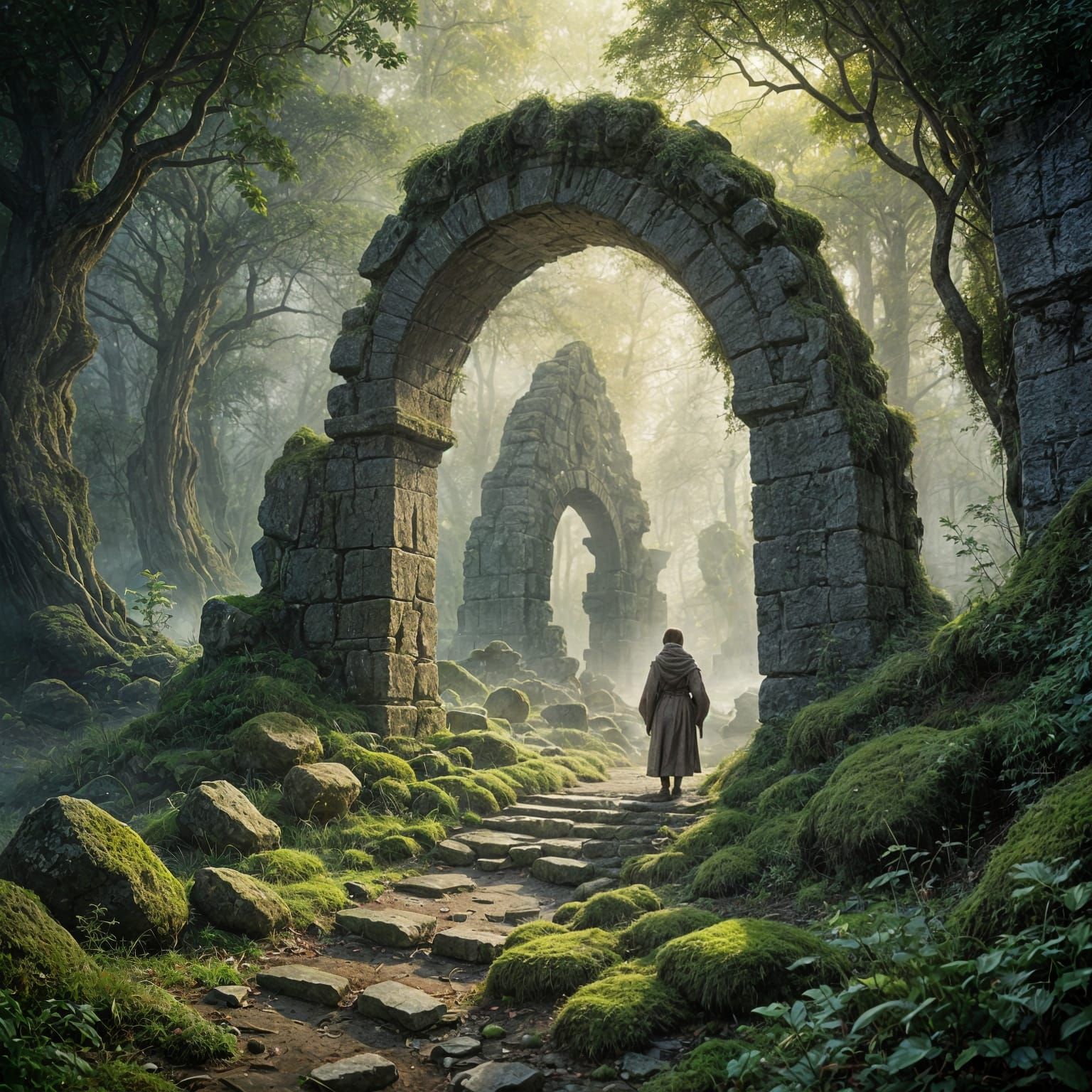 Misty Archway with Glowing Runes in Watercolor Style