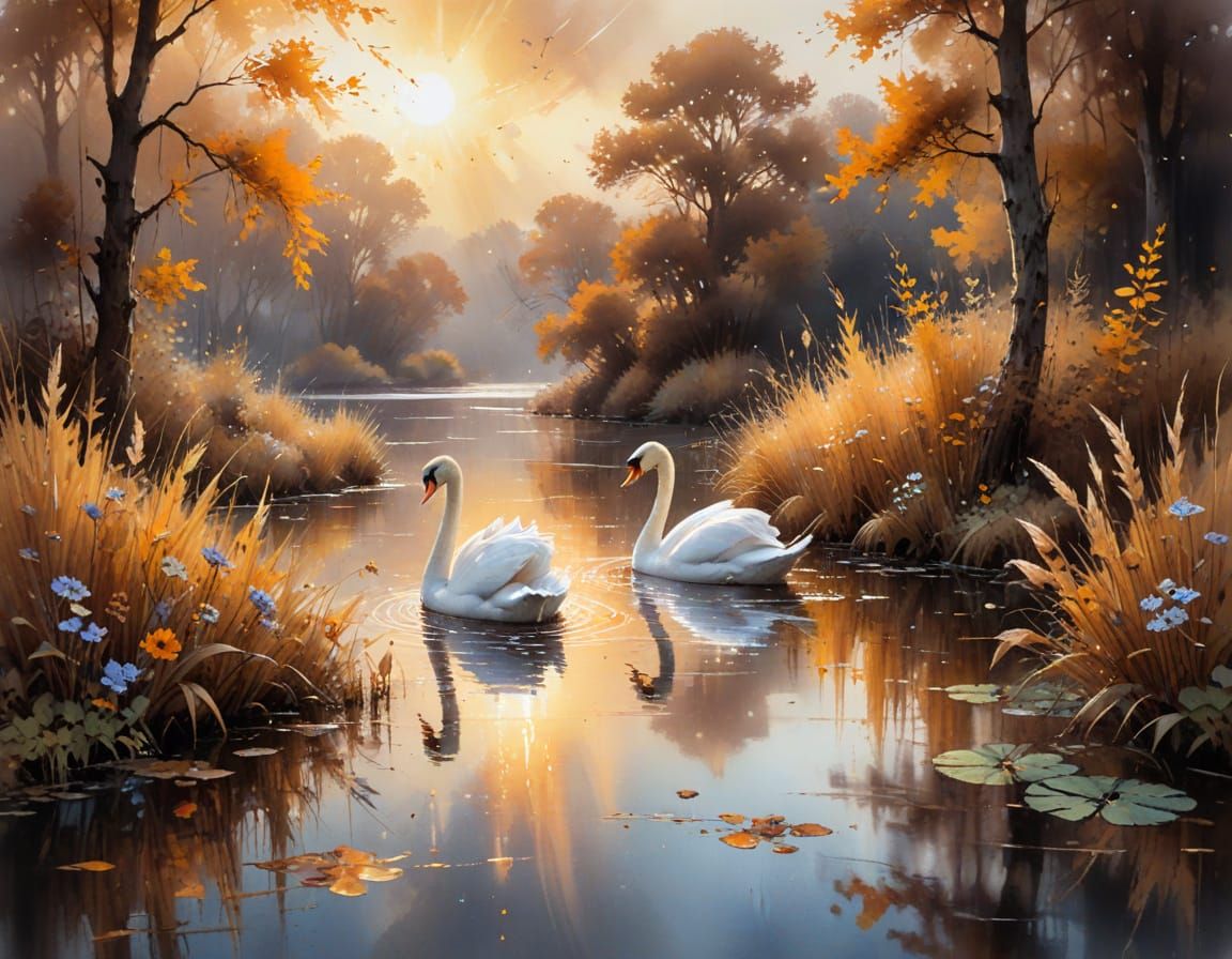Swans on Misty Pond in Autumnal Golden Hour