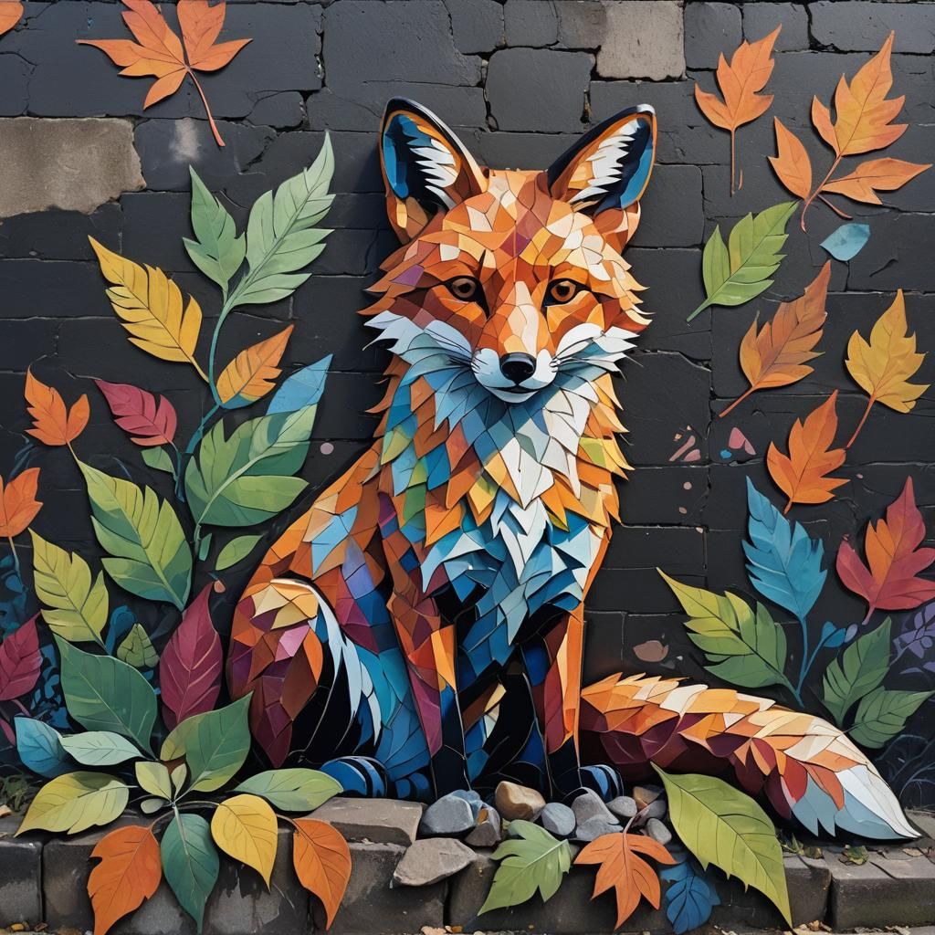 Fox of Leaves and Stones in Graffiti Art