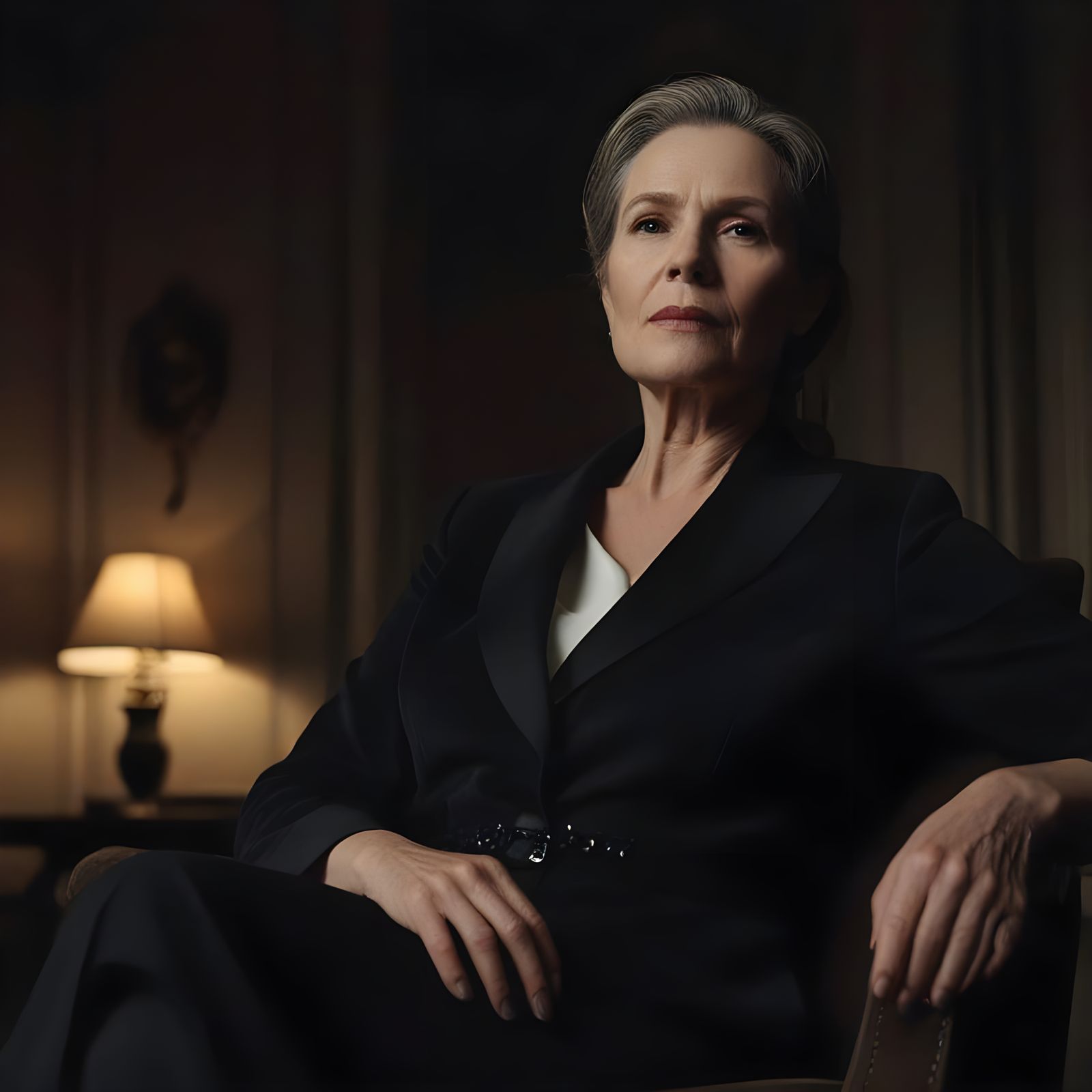 Elegant Woman in Business Attire at Mahogany Table