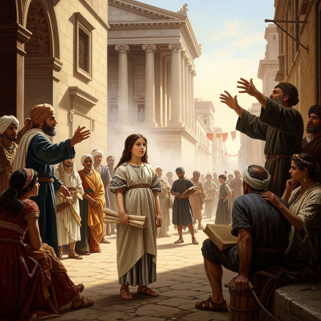 Ancient Alexandria Scene: Girl, Library, and Preacher