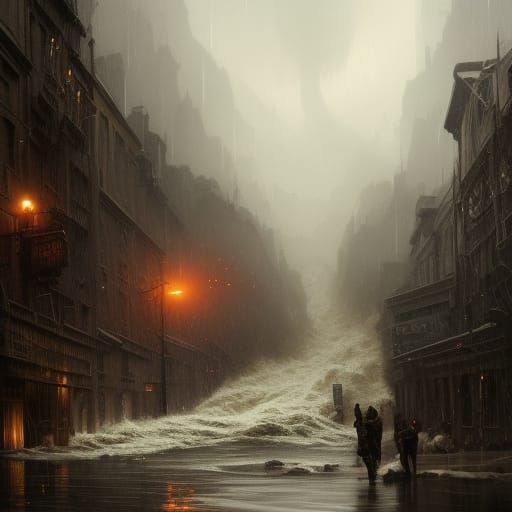 Flooding Town Hit by a Devastating Hurricane