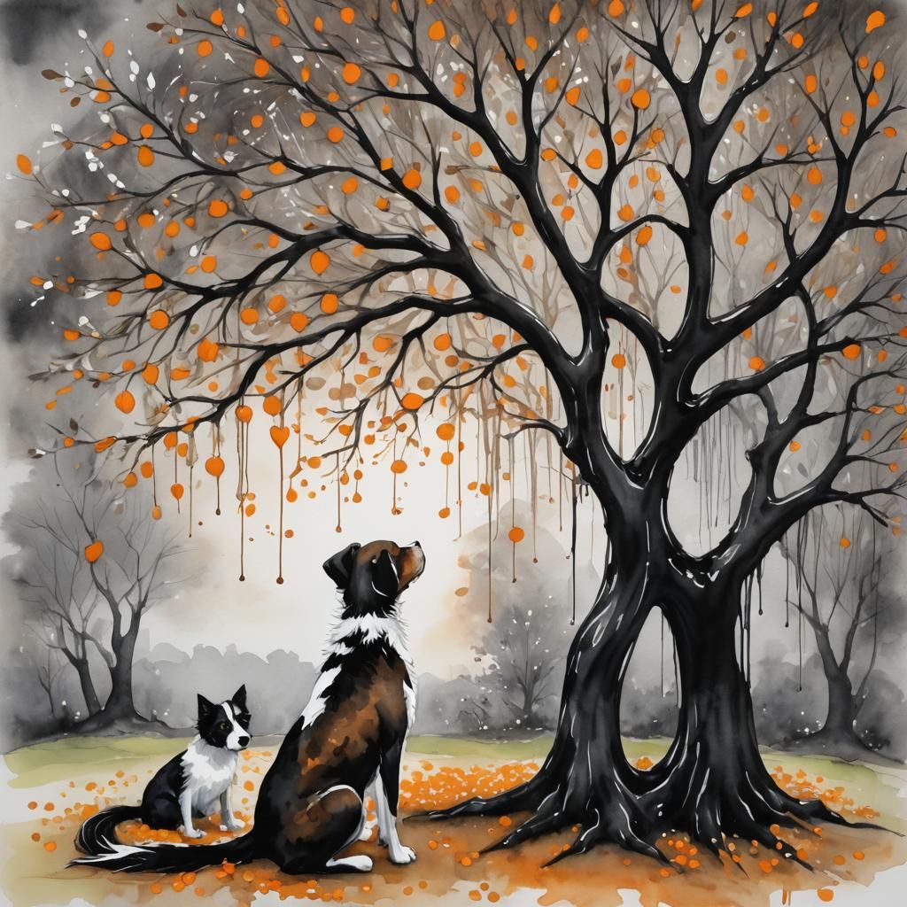 Whimsical Tree with Kitten, Watercolor Art