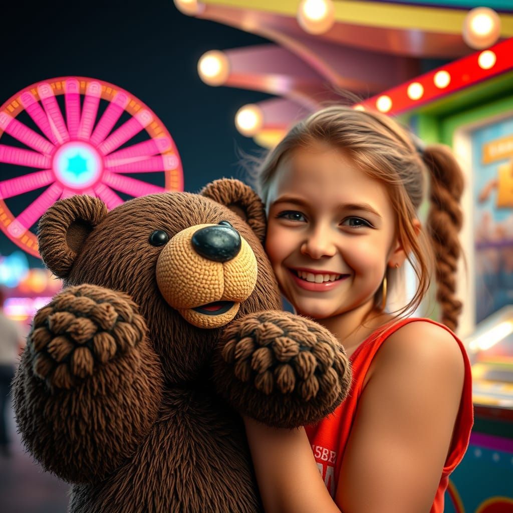 Delighted Girl Holds Won Bear Under Boardwalk Lights