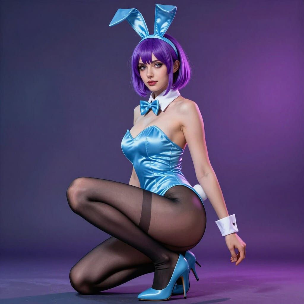 Playboy Bunny Model in Blue Costume, Purple Hair