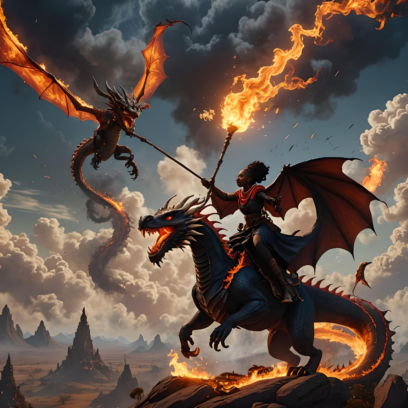 An African witch exhaling fire riding a fire dragon in the skies