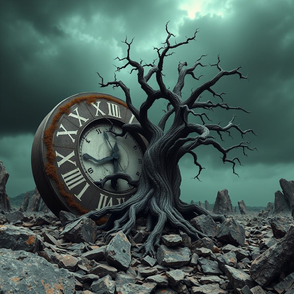 Timeless Landscape with Ancient Clock and Twisted Tree