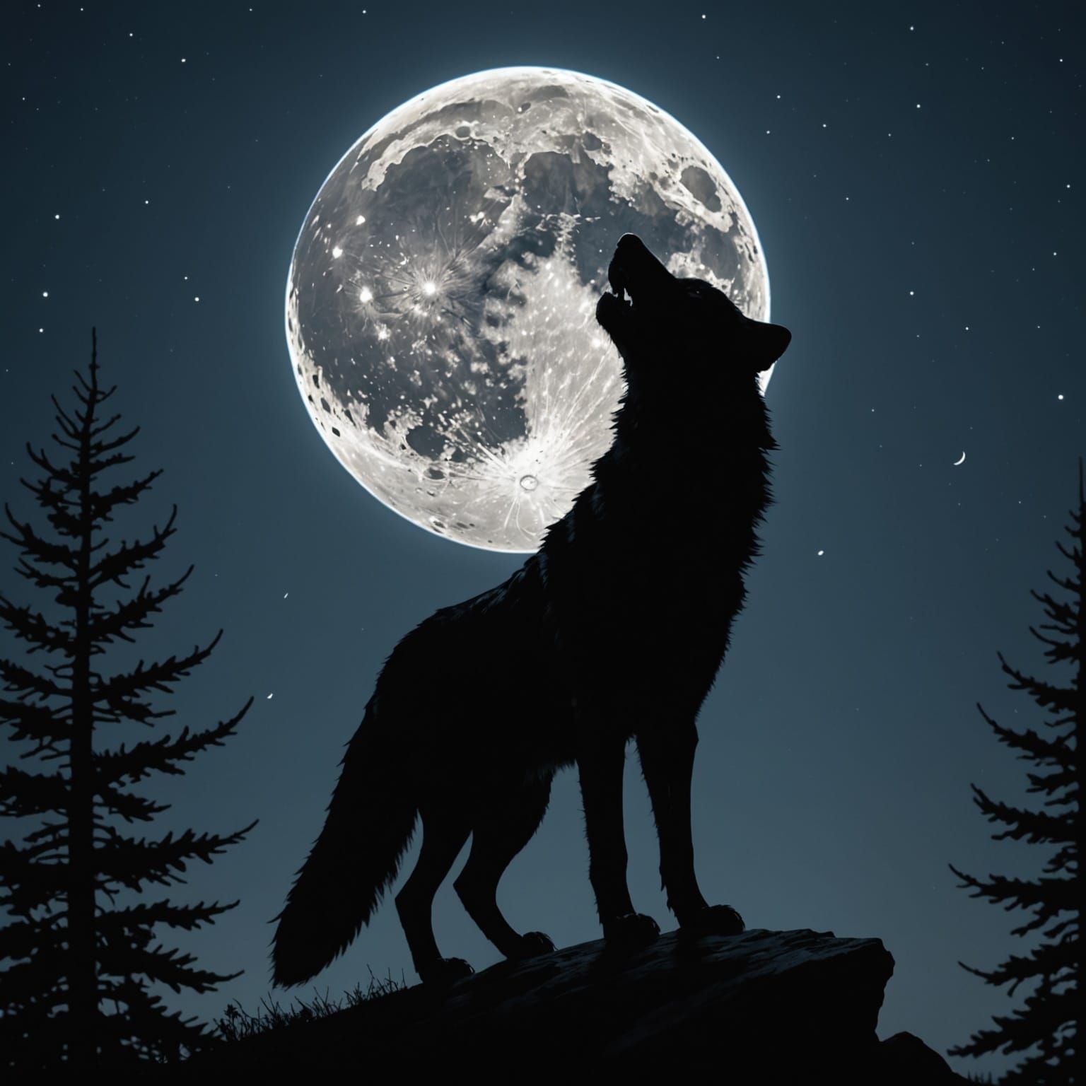 Wolf Howling at Moon: Black Silhouette Art