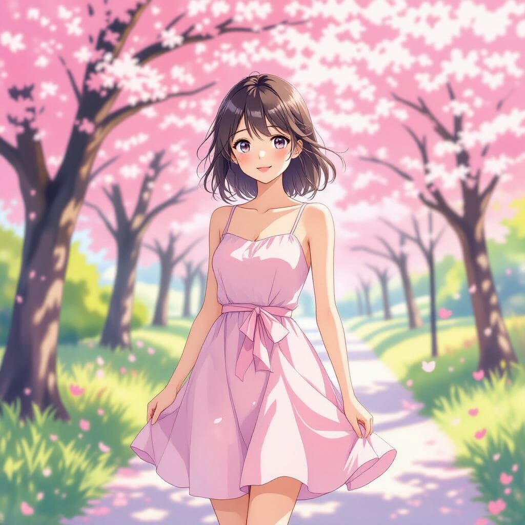 Anime Girl in Cherry Blossom Garden, Watercolor Style