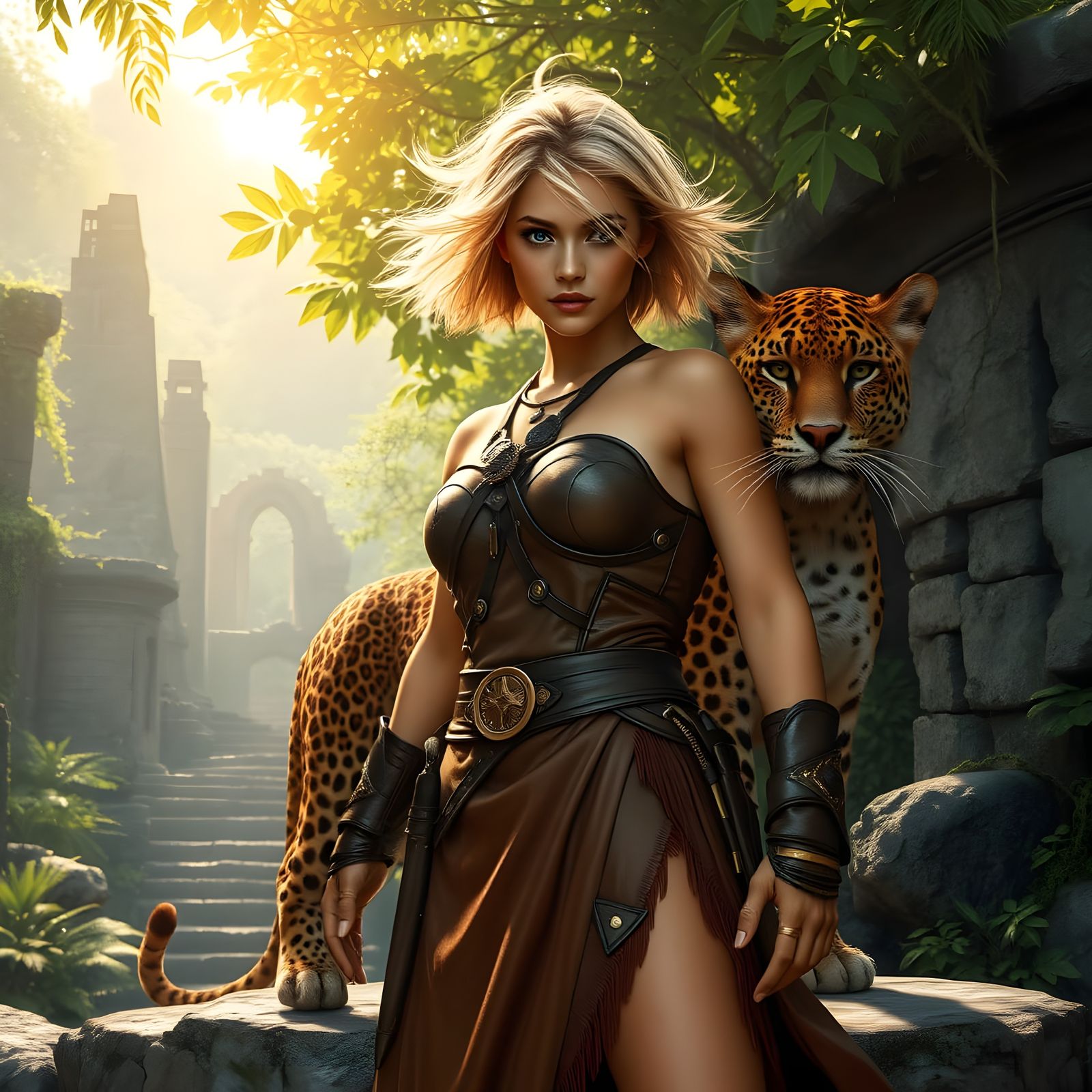 Blond Warrior Princess in Ancient Jungle Temple