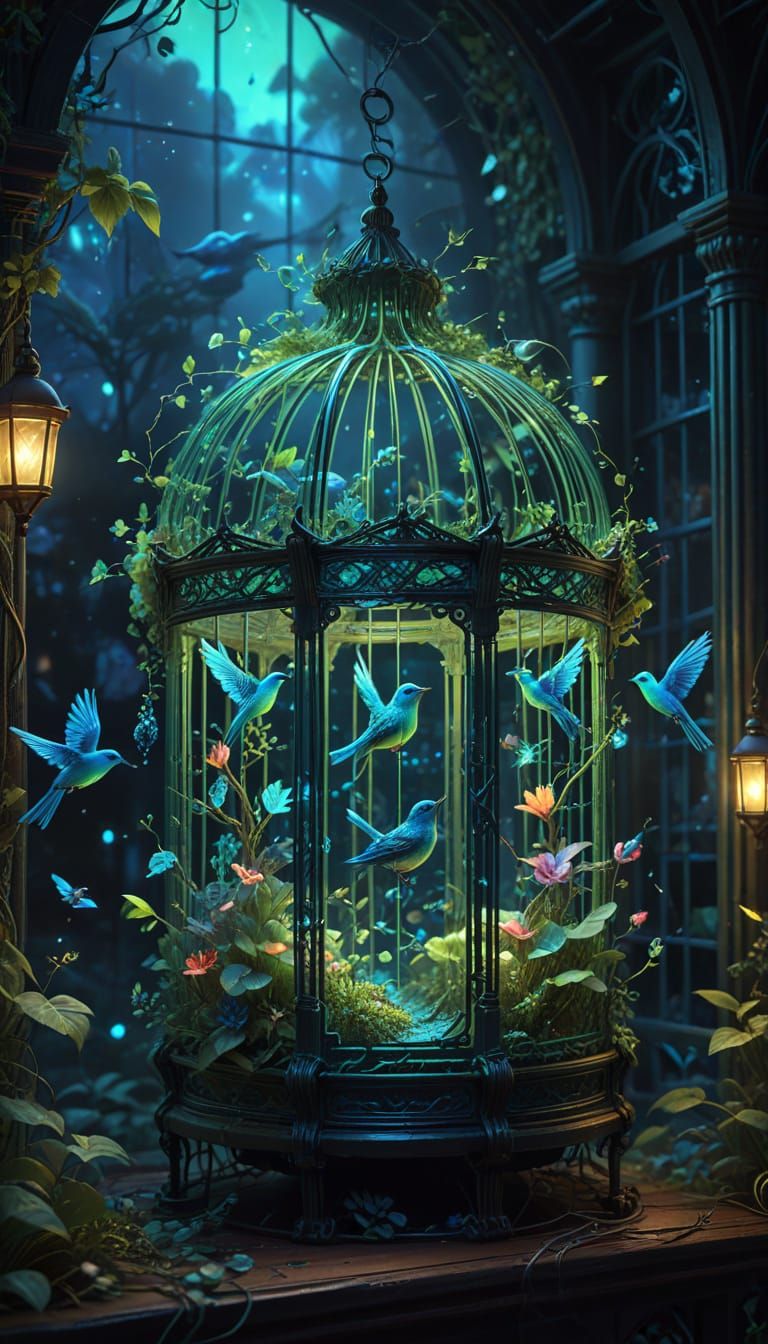 Ethereal Bird Cage with Bioluminescent Flora