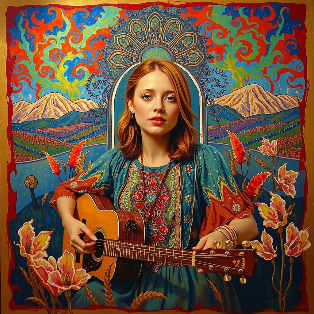 Sandy Denny Plays Guitar in Golden Hour Meadow