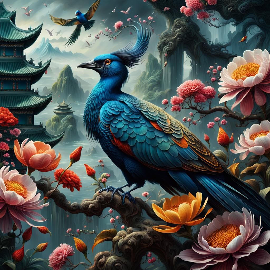 Majestic Chinese Flower Painting Portrait in Oil