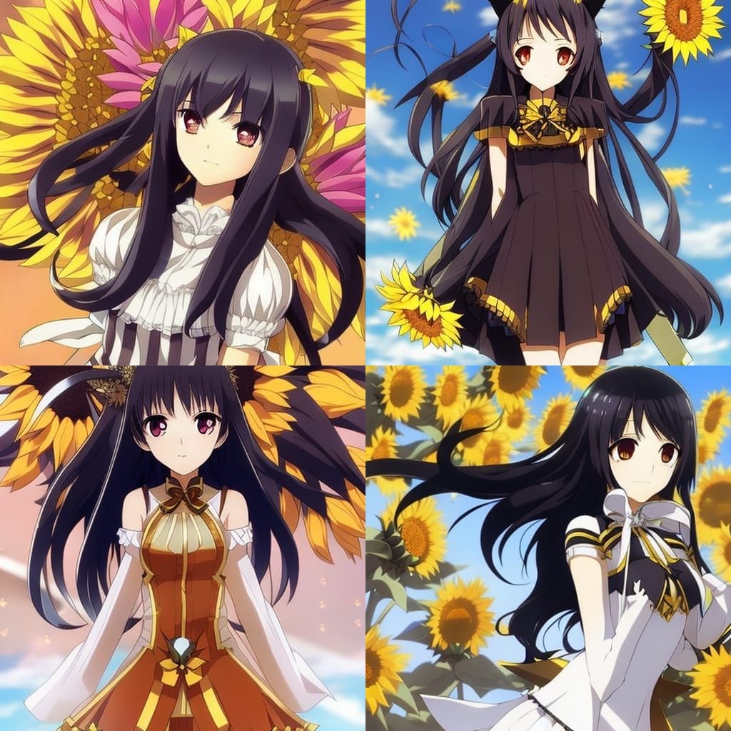 Giant Anime Girl with Sunflowers