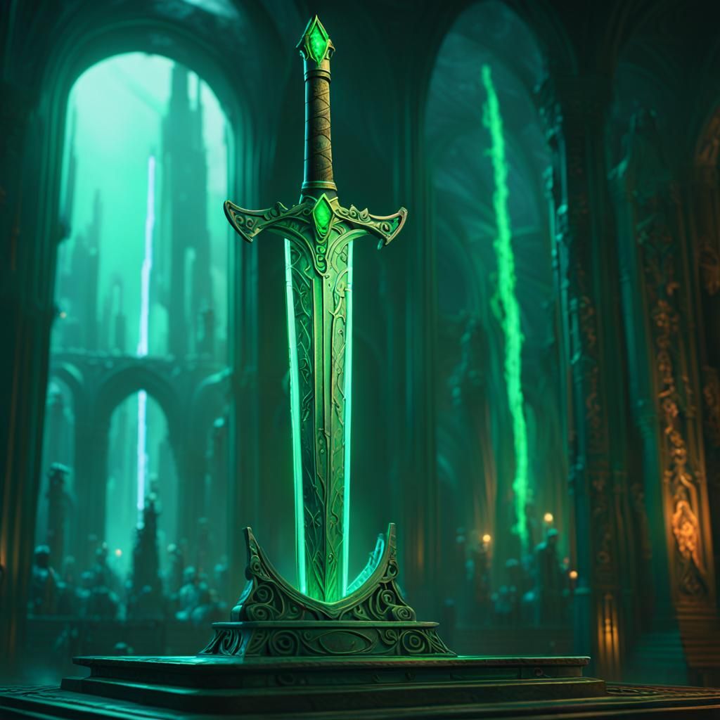 Glowing Green Sword in Glass Case, Surreal Style
