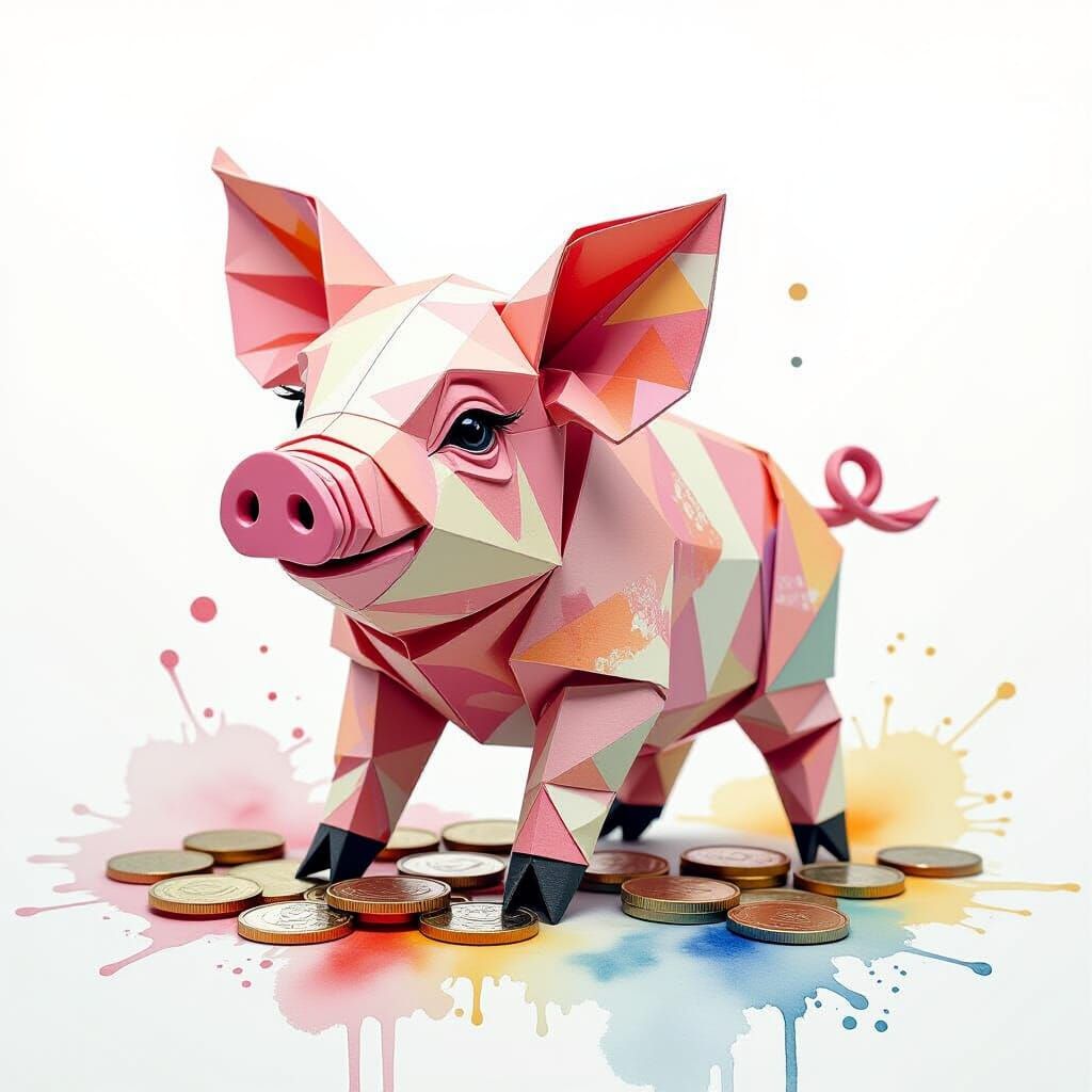 Origami Pig with Coins in Expressive Watercolour Style
