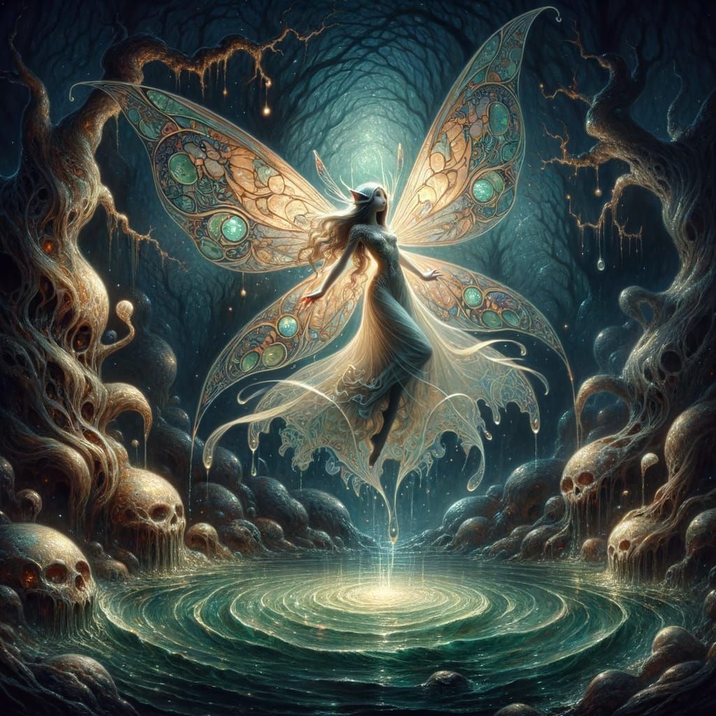 Ethereal Fairy by Dark Swamp in 1800s Gothic Revival Style