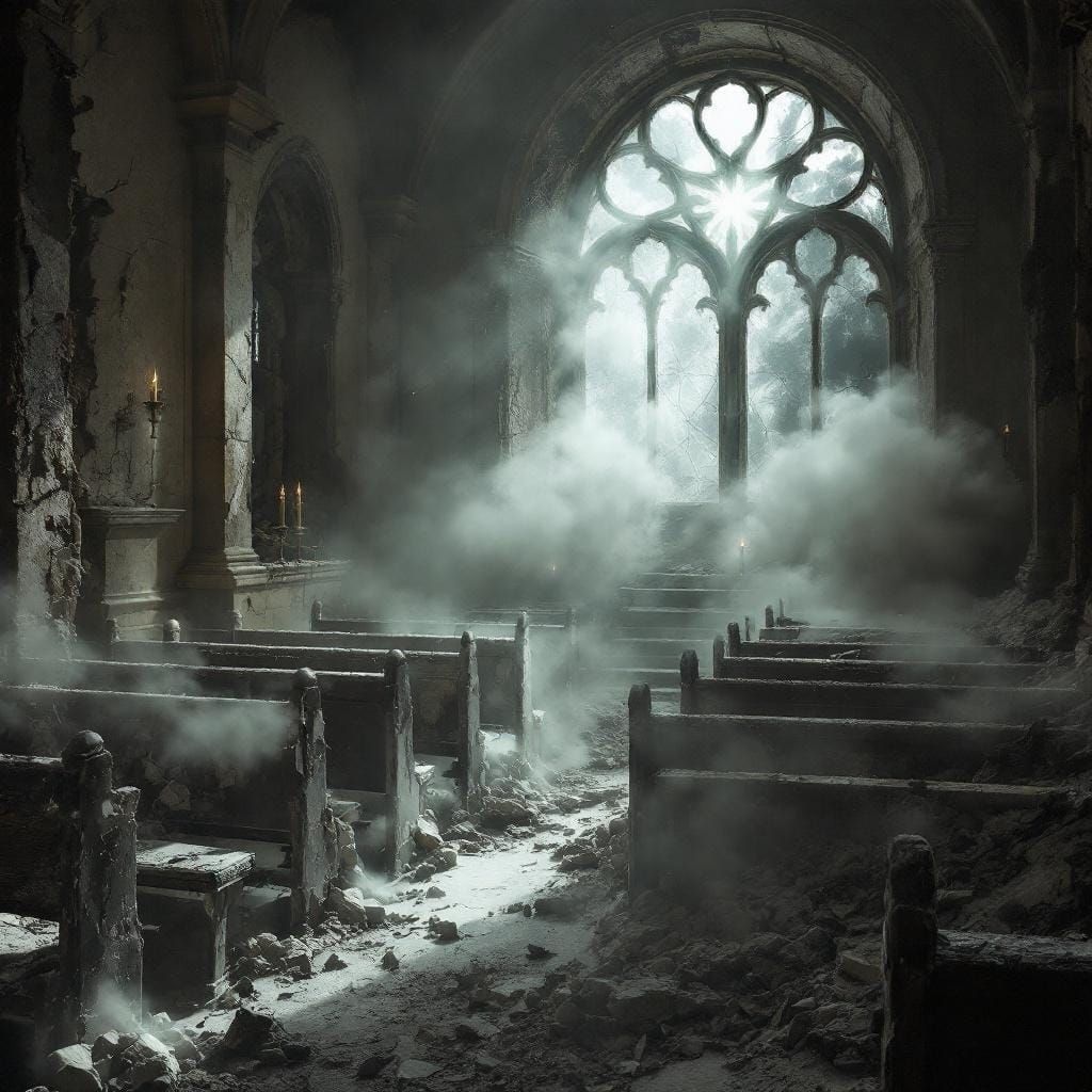 Ashen Sojourn: Abandoned Chapel in Photorealistic Surrealism